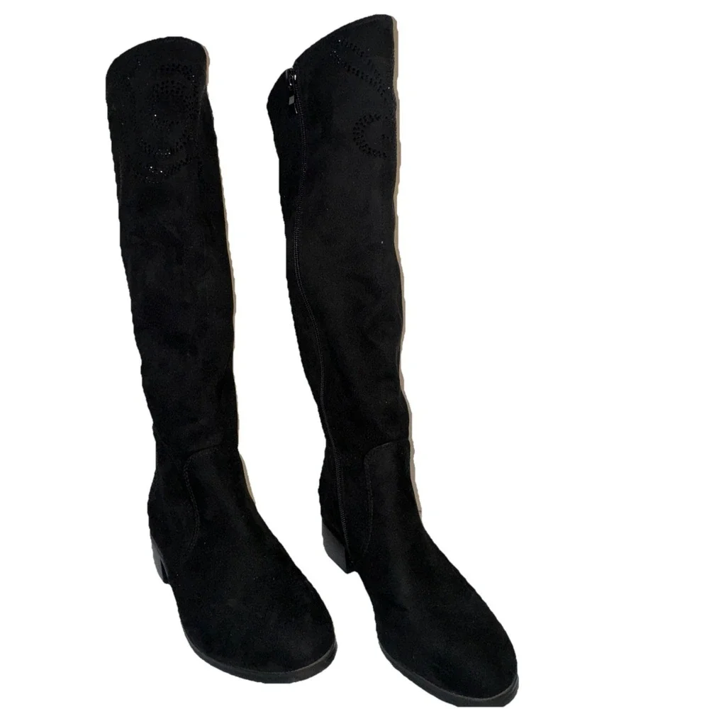 AzuraKnee High Boots Womens 8 Black Faux Suede Rhinestone Block Heel Zip